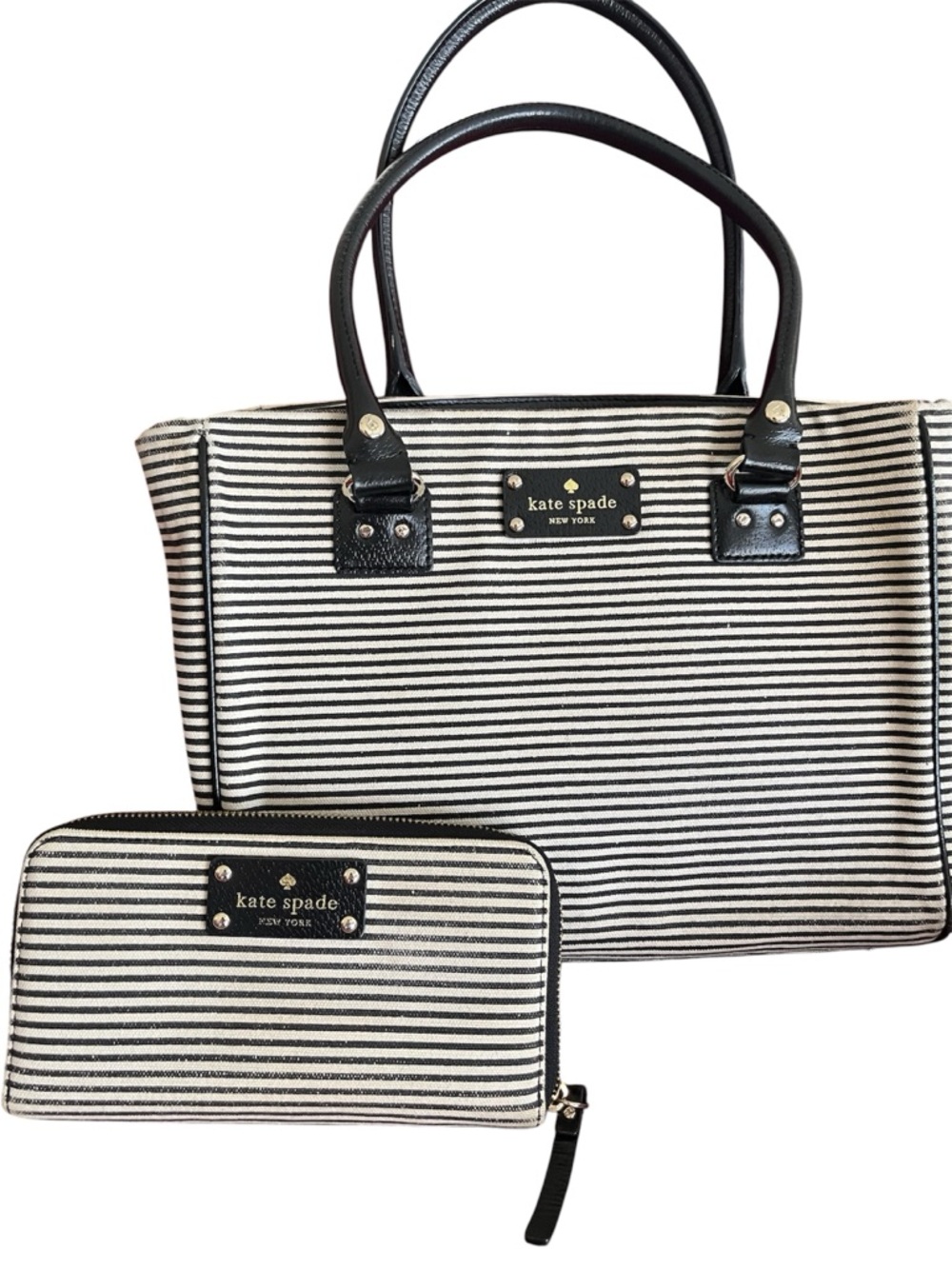 kate spade Black and White Striped Tote with Matching Wallet Set